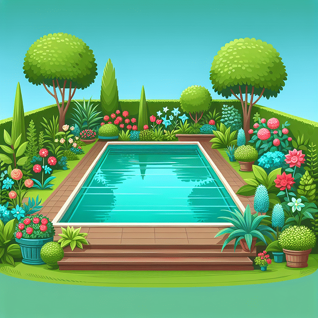 lush garden around a backyard pool