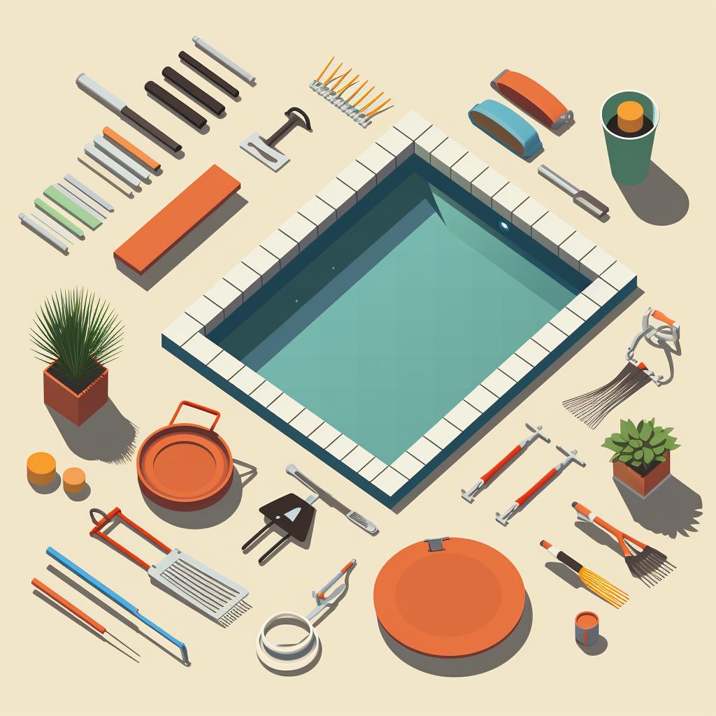 A collection of pool installation tools neatly arranged on a flat surface.