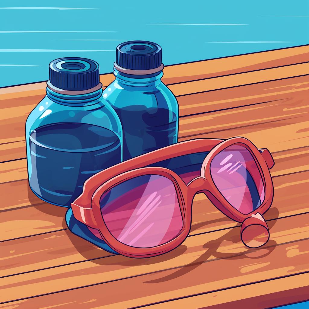 A bottle of dye, a pair of goggles, and a snorkel laid out on a table.