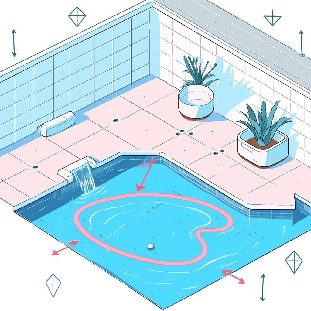 A pool with arrows pointing to potential leak areas like cracks, loose tiles, and fittings.