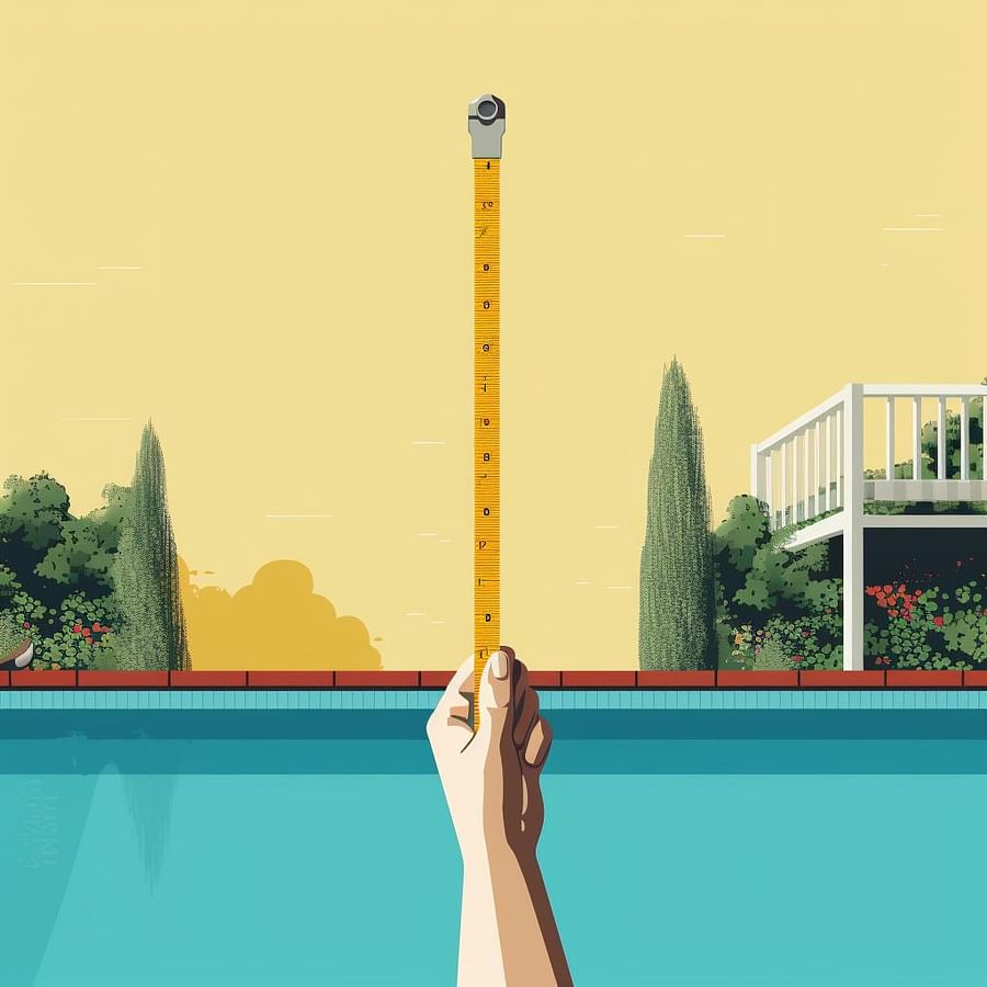 A hand holding a tape measure against a pool fence, measuring its height.