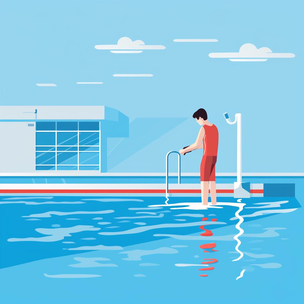 A person checking the safety features of a swimming pool.