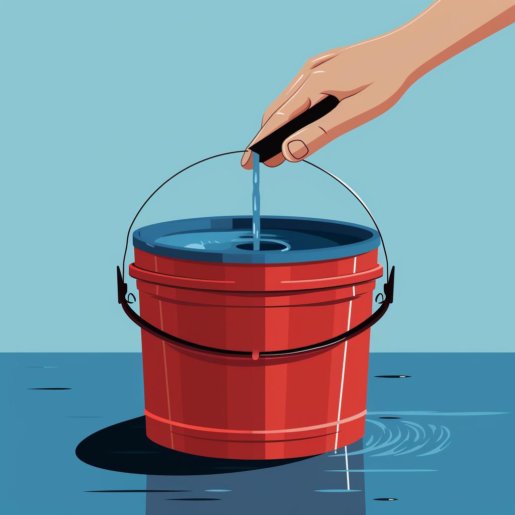 A hand marking the water level inside a bucket with a waterproof marker