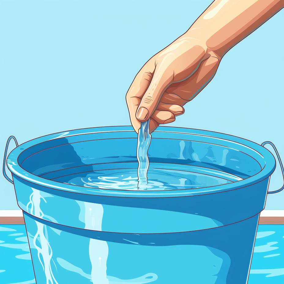 A bucket placed in a pool with a hand marking the pool's water level on the outside of the bucket