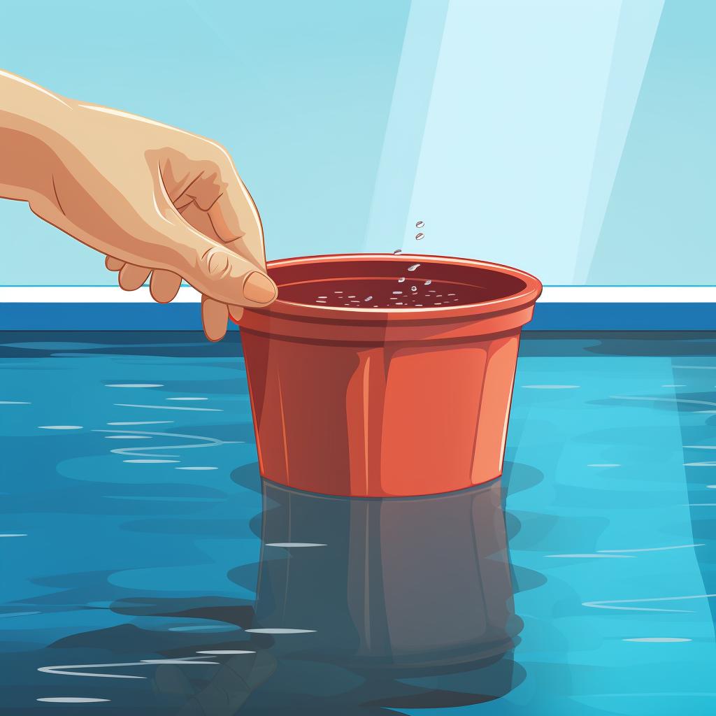 A hand pointing at the marked water levels on the bucket, showing a significant drop in the pool's water level